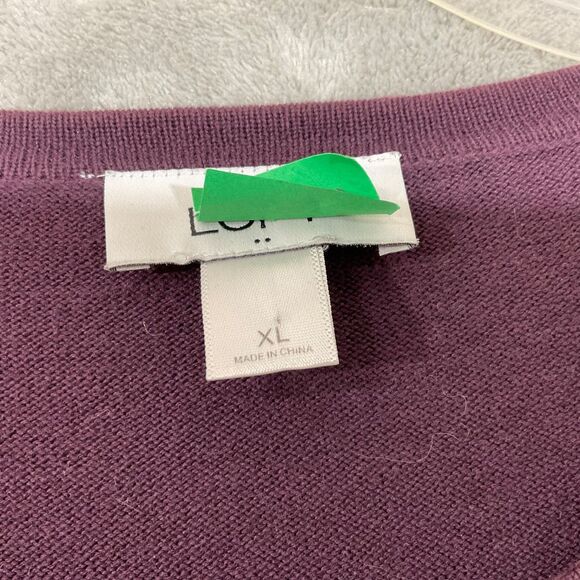 Loft Button Up Cotton Cardigan sweater women’s size XL purple ribbon faux collar - Picture 2 of 9